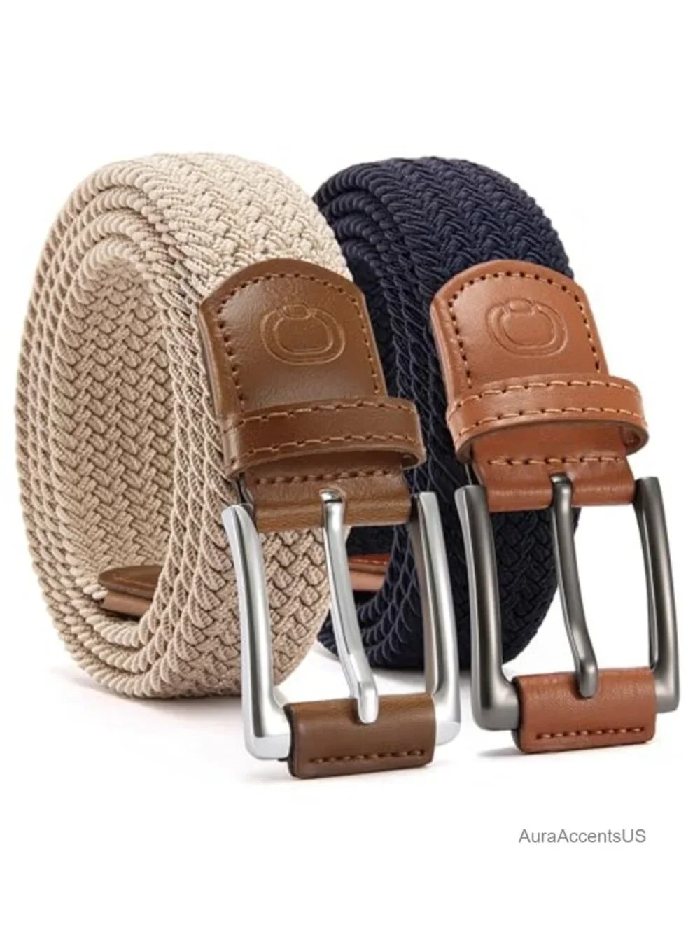 2-Pack Stretch Belt for Men Adjustable No-Hole Braided Nylon Casual Golf